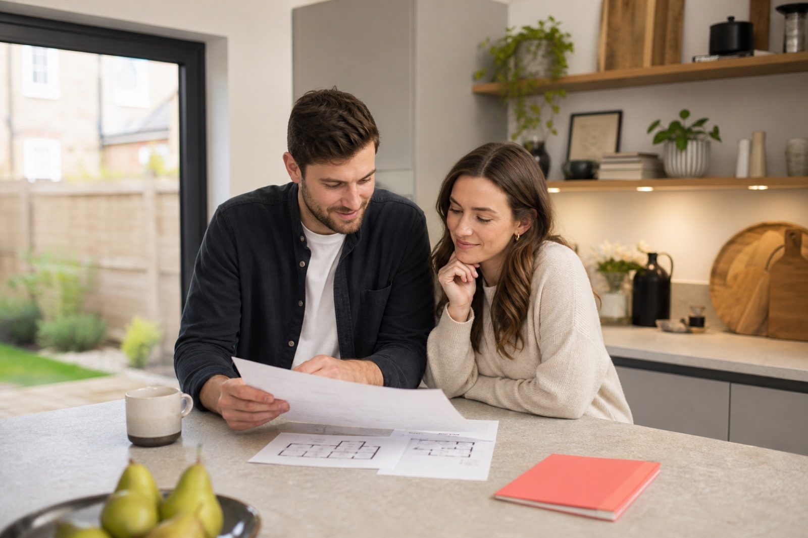 A couple talking through property and money decisions at home